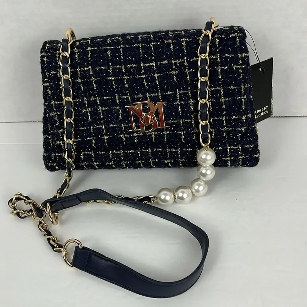 Badgley Mischka Purse Navy Blue Textured Messenger Bag Crossbody Gold Accents - Picture 3 of 11